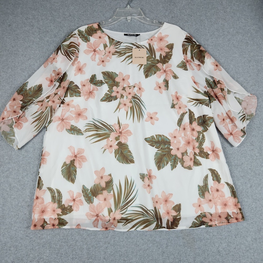 Bloomchic Blouse Top Womens‎ 18-20 White Multi Floral Tropical Chic Split Sleeve